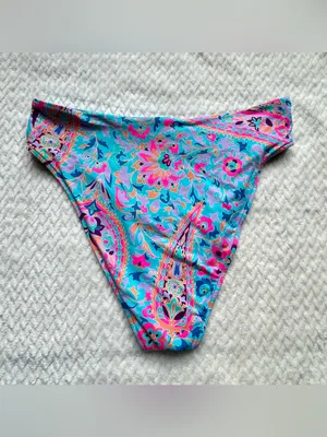 Frankie's Bikinis Scarf Bikini Bottom L Side Tie Blue Multicolor Paisley Hi Leg thumbnail 3