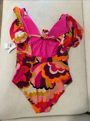 Trina Turk Fan Faire Ruffle Plunge One Piece Swimsuit, Pink/Orange, size 12, NWT thumbnail 4