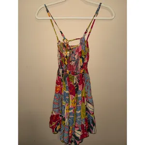 Angie Tropical Floral Smock Mini Dress S Multi Color Tier Boho Sundress vacation beach thumbnail 7