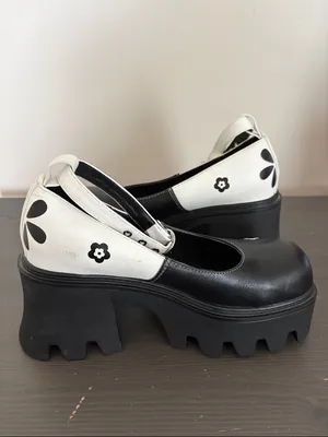 Lamoda Platform Mary Jane Y2K Heels Black White Floral Chunky Lug Sole Size 8 thumbnail 13