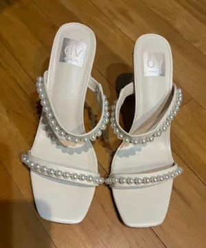 Dolce Vita Pearl Embellished Slip-On Square Toe Cream Colored Heels thumbnail 1