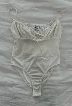 Princess Polly Cream Ribbed Tank Bodysuit with Tie Front thumbnail 1