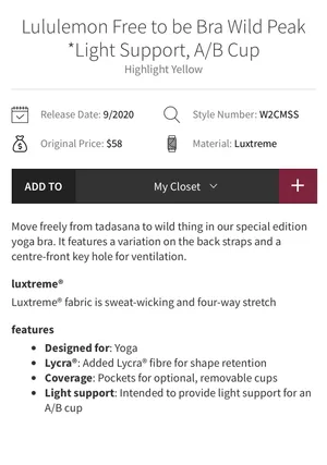 Lululemon Free to be Bra Wild Peak *Light Support, A/B Cup Highlight Yellow 6 thumbnail 10