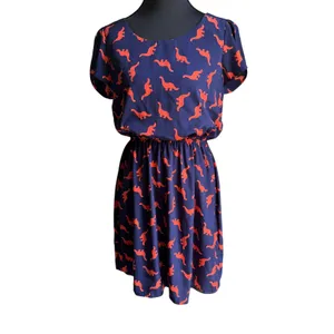 Peach Love California Dinosaur Print Dress Small Navy Orange Puff Sleeve Mini thumbnail 2