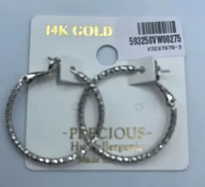 NWT Precious 14K white dipped gold textured hoops. Omega clasp. thumbnail 1