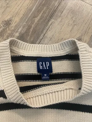 GAP Crew Neck Cotton Nautical Split Hem Striped Sweater Pullover Black Cream M thumbnail 10