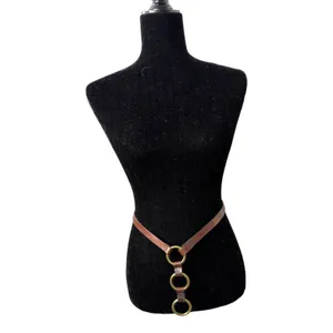 Casual Corner Brown Leather Brass Circle Buckle Western Boho Bohemian Belt Small thumbnail 2