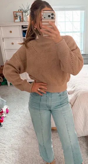 Forever 21 Tan open back mock neck knit sweater thumbnail 1