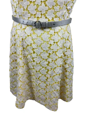 ModCloth 1960s Inspired Floral Lace Fit & Flare Dress Yellow White Belted L thumbnail 3