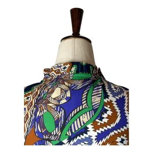 Joy Joy Dress Women Medium Blue Green Abstract‎ Long Sleeve Ruffle Neck Mini thumbnail 4