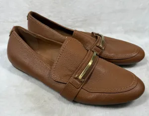 Calvin Klein Orianna Brown Leather Loafers Gold Logo Bar Flats Womens 11 34E2408 thumbnail 1