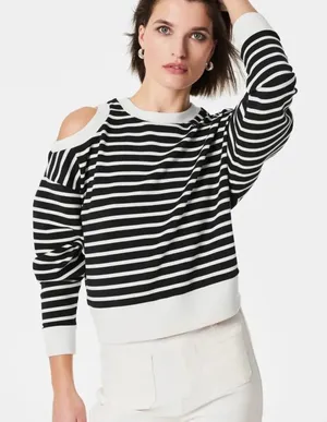 Spanx AirEssentials‎ Cold-Shoulder Top Black White Stripe Long Sleeve thumbnail 1