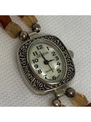 Vintage Geneva women watch 20mm quartz mop dial SilverTone brown 7.5” running thumbnail 3