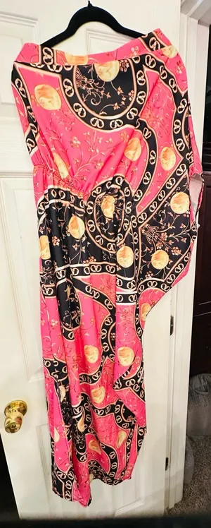 One shoulder Bold Pink & Black Printed Maxi Dress thumbnail 1