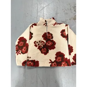 Loft Floral Sherpa Fleece Quarter Zip Pullover Cream Red Brown Small thumbnail 2
