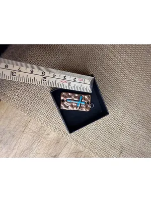 Turquoise-Inlaid Copper Cross Pendant With Rustic Textured Finish Handmade Recta thumbnail 5