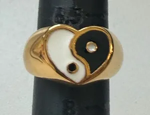 Gold Heart Yin Yang Enamel Ring - Black & White thumbnail 1