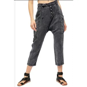 Free People Desert Daze Harem Pants Washed Denim Button Fly Cargo Size 4 thumbnail 2