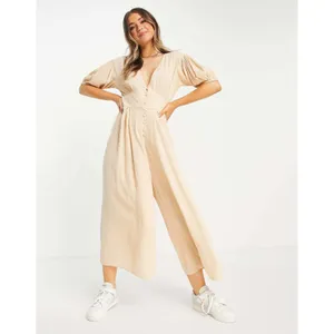 New! ASOS Women's Crinkle Tea Wide Leg Jumpsuit with Puff Sleeves in Stone Sz 12 thumbnail 2