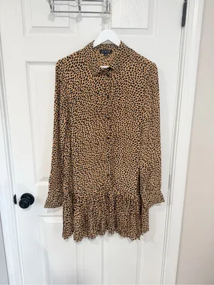 J.Crew Leopard Print Shirt Dress Pleated Hem Long Sleeve Brown Black Size M thumbnail 2