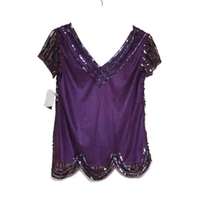 Cache Womens M Purple Short Sleeve Sequin Evening Cocktail Blouse NEW thumbnail 2