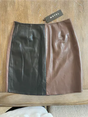 Motel Rocks Two-Tone Faux Leather Mini Skirt in Black and Brown thumbnail 4
