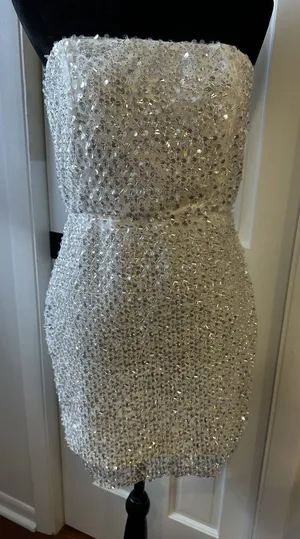 Lulu’s White Silver Sequin Strapless Mini Dress Size Medium Bridal Disco Formal thumbnail 1