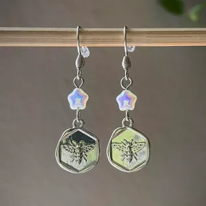 Handmade funky fairy retro bee & mini Czech glass star beads dangle earrings 🍯🍃🌀💕 thumbnail 1