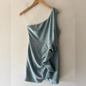 NEW!!‎ Hello Molly Backstage Pass Mini Dress One Shoulder Sage Ruffle Detail thumbnail 10