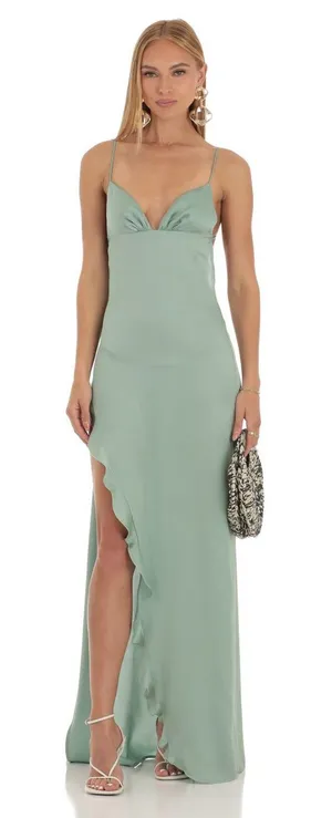 Lucy in the Sky Sage Green Ruffle-Slit Slip Maxi Dress thumbnail 1