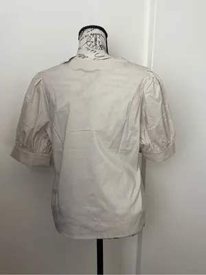 Women's Cream V-Neck Button Front Puff Sleeve Blouse thumbnail 2