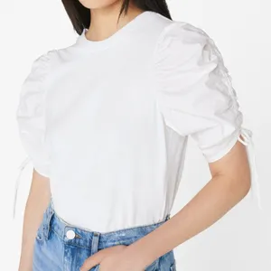 FRAME Ruched Tie‎ Sleeve Organic Cotton T-Shirt Blanc size Small thumbnail 10