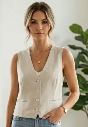 Pink Lily Cream Button Vest thumbnail 1