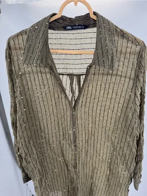 ZARA Woman's Sequin Oversized Tunic Top Shirt Olive Green M sheer casual coverup thumbnail 4