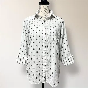 Maeve Anthropologie White‎ Black Clip Dot Cotton Button Down Roll Tab Shirt Boho thumbnail 2