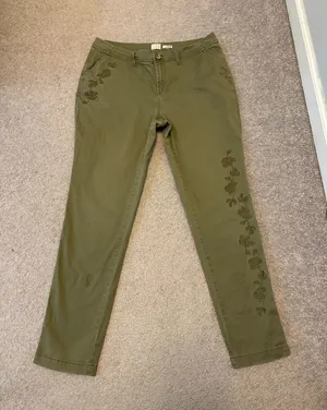 A New Day Olive Green Floral Embroidered Slim Pants thumbnail 1