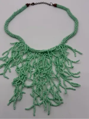 Mint Green Seed Bead Fringe Bib Necklace Boho Statement Festival Jewelry thumbnail 1
