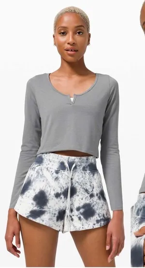 Lululemon • cropped henley long sleeve tee grey heathered asphalt knit athletic thumbnail 1