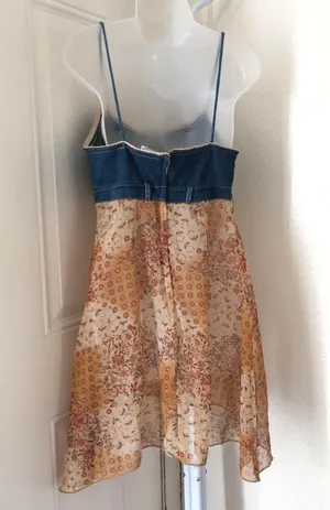 Carolina Blues 2000s Y2K boho hippie Tan navy blue jean denim patchwork midi dress with button front cami spaghetti strap #festival Size 8/M, measurements in pics thumbnail 3