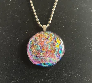 Preloved Long Silver tone ball Chain Necklace with Colorful Glass Pendant thumbnail 2