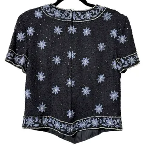 Cote d’ Azur medium vintage silk beaded sequin floral formal top evening wear thumbnail 2