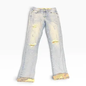 Gap 1969 Best Girlfriend Jeans 27T Light Wash Distressed Camo Trim Cuff cropped thumbnail 2