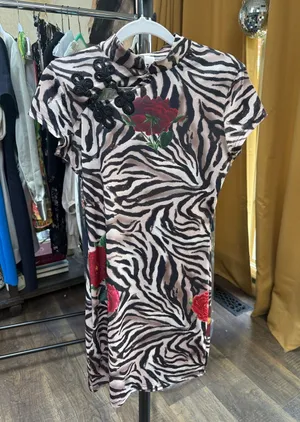 Zebra Print Short Sleeve Dress with Red Rose Appliqué thumbnail 1