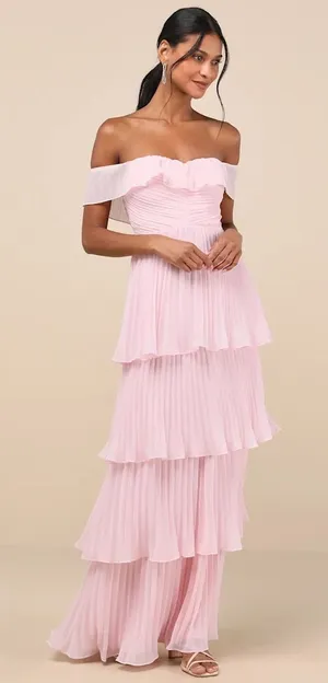 NEW Lulu’s Always Remarkable Pleated Tiered Off Shoulder Maxi Dress in Pink thumbnail 1