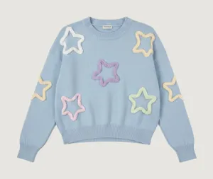 Dreamers by Debut Pastel Chenille Star Knit Sweater Light Blue Crewneck Small thumbnail 1