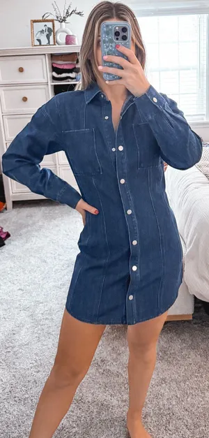 Denim longsleeve button up mini dress thumbnail 1