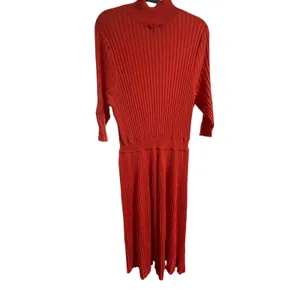 WHO WHAT WEAR Orange Ribbed Mock Neck‎ Elbow Sleeve Midi Sweater Dress thumbnail 3