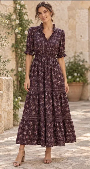 Max Studio Plum Floral Smocked Waist Tiered Ruffle V-Neck Boho thumbnail 1