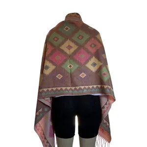 Mexican Artisan Reversible Woven Poncho Multicolor Geometric Boho Shawl Wrap thumbnail 4
