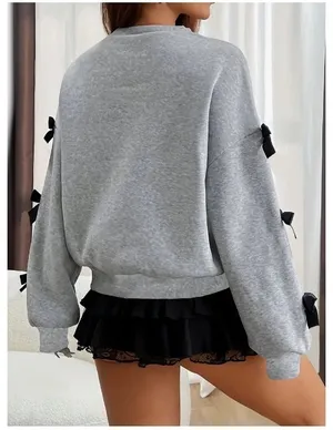 Women's Gray With Black Bows On The Sleeves Long Sleeve Sweatshirt Size XXL thumbnail 3